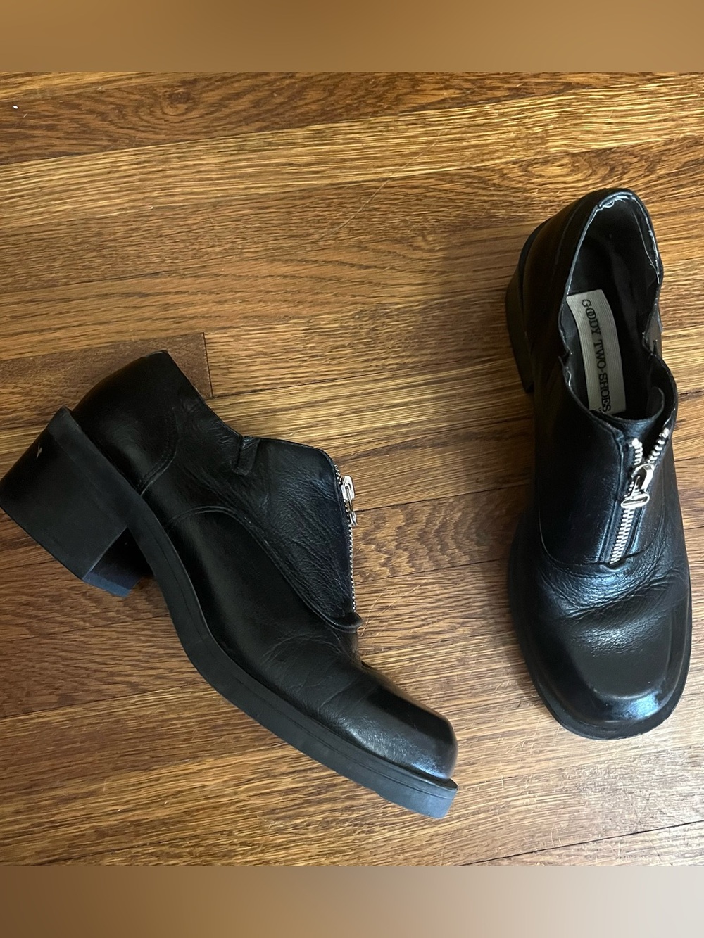 90s Goody Two Shoes y2k chunky zipper loafer grunge black leather shoes goth 9